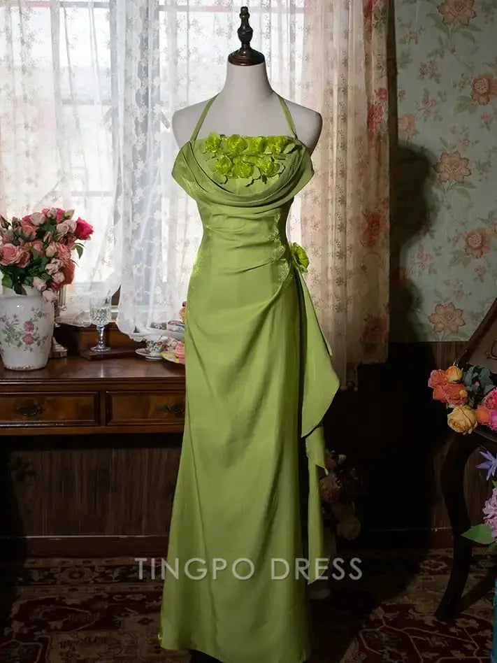 TingPo Wholesale Elegant Vintage Green Halter Neck Floral Prom Gown Fairy Dress